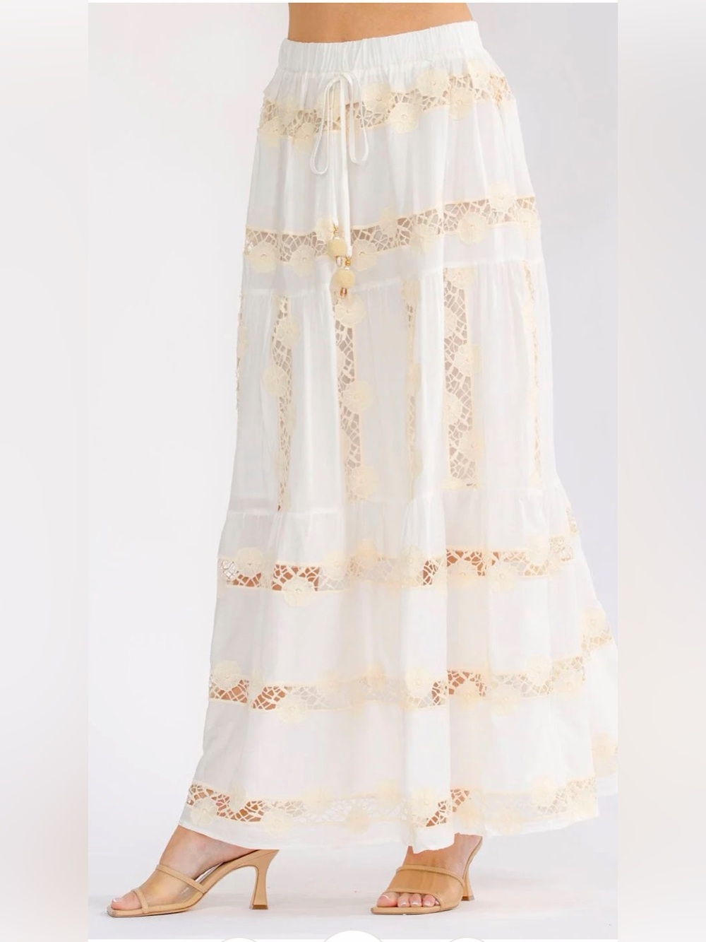 A470. Boho Lace-Trim White Maxi Skirt